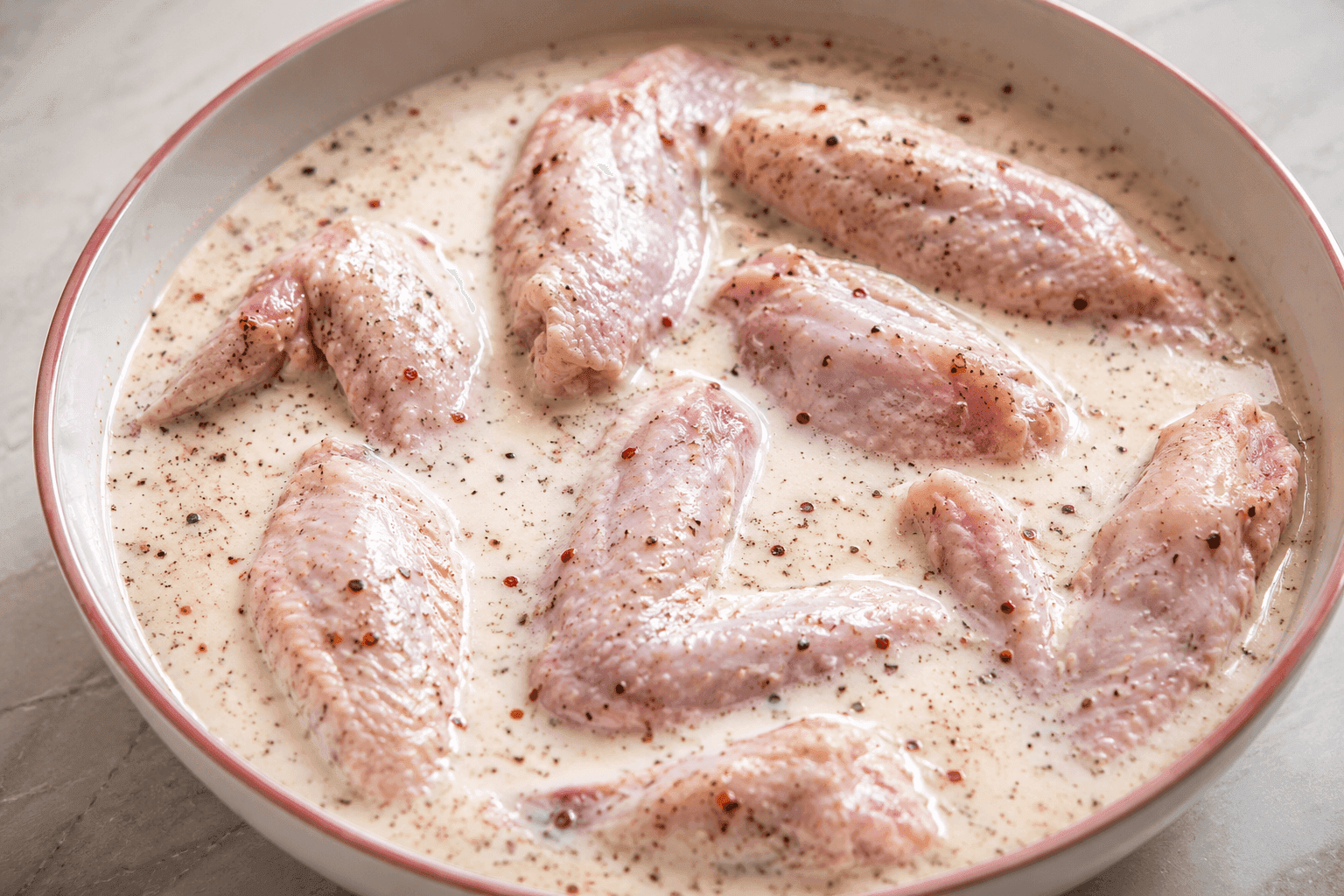 Hands lowering raw chicken into a buttermilk brine bath