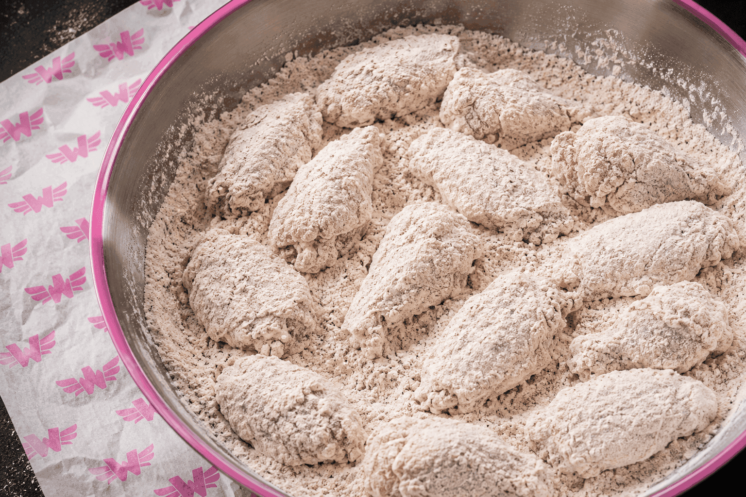 Chicken hand-tossed in seasoned flour, craggy crust forming